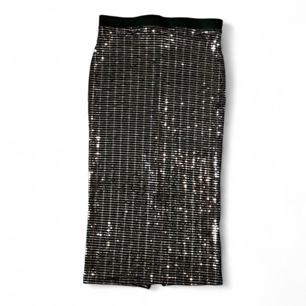 River Island Silver Metallic Sequin Beaded Party Fitted Midi Skirt